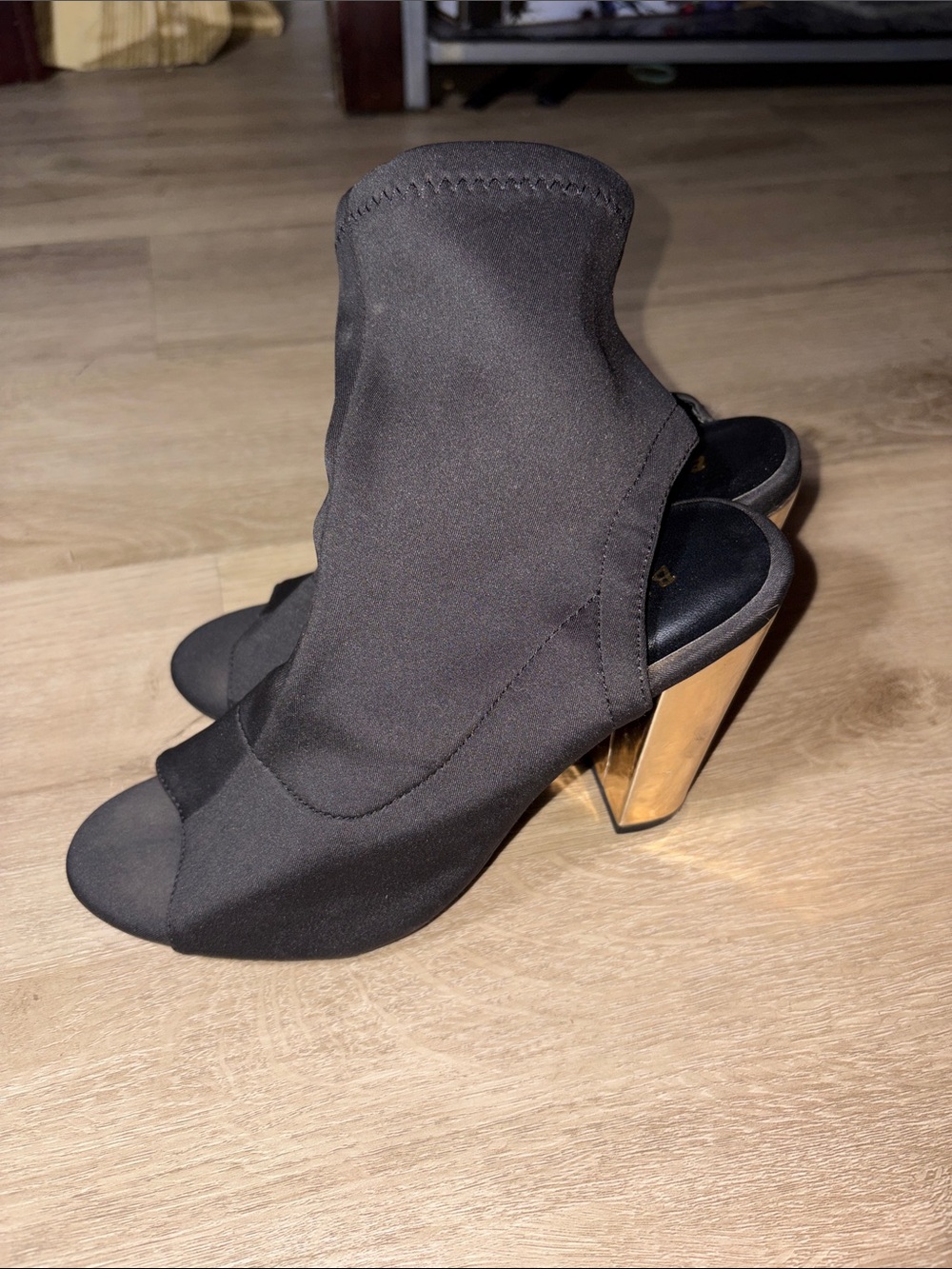 Black Open-Toe Stretch Bootie Heels with Gold Block Heel